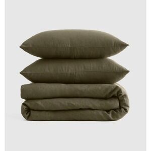 Quince European Linen Duvet Cover Set w/ Shams King/Cal King Dusty Olive Green